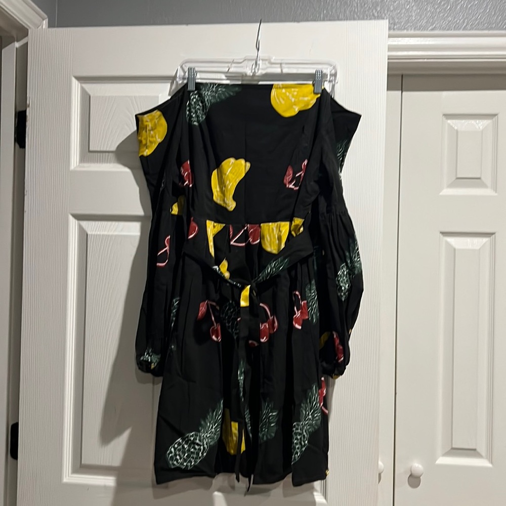 ELOQUII off the shoulder pleated fruit dress